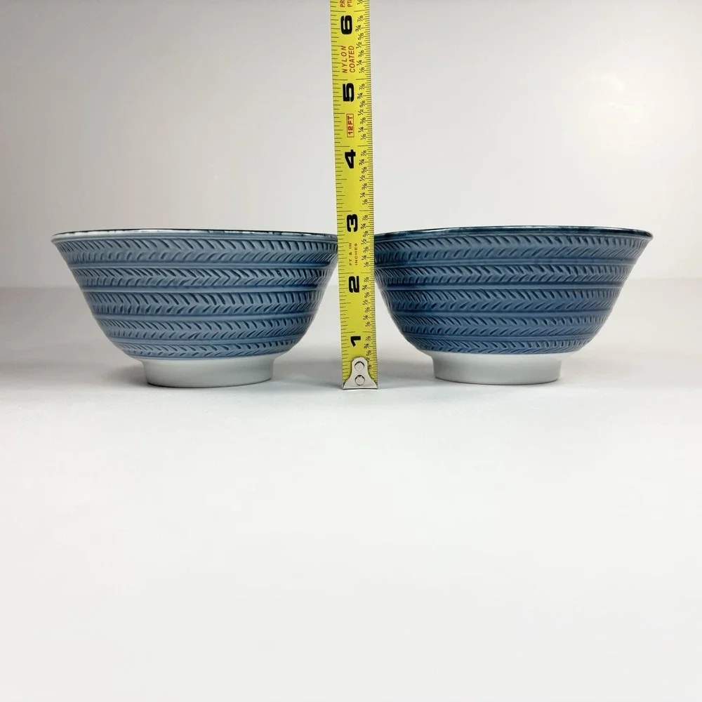 Chinese Contemporary Colorful Rice Bowl Hibiscus Hummingbird Fruit blue set Of2